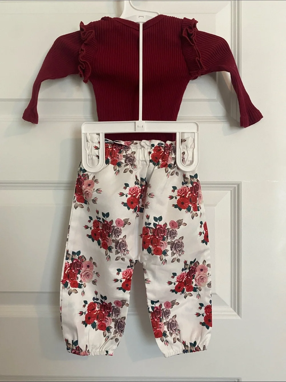 Maroon Ruffle Long-Sleeve onesie and Floral Pants Set for Kids